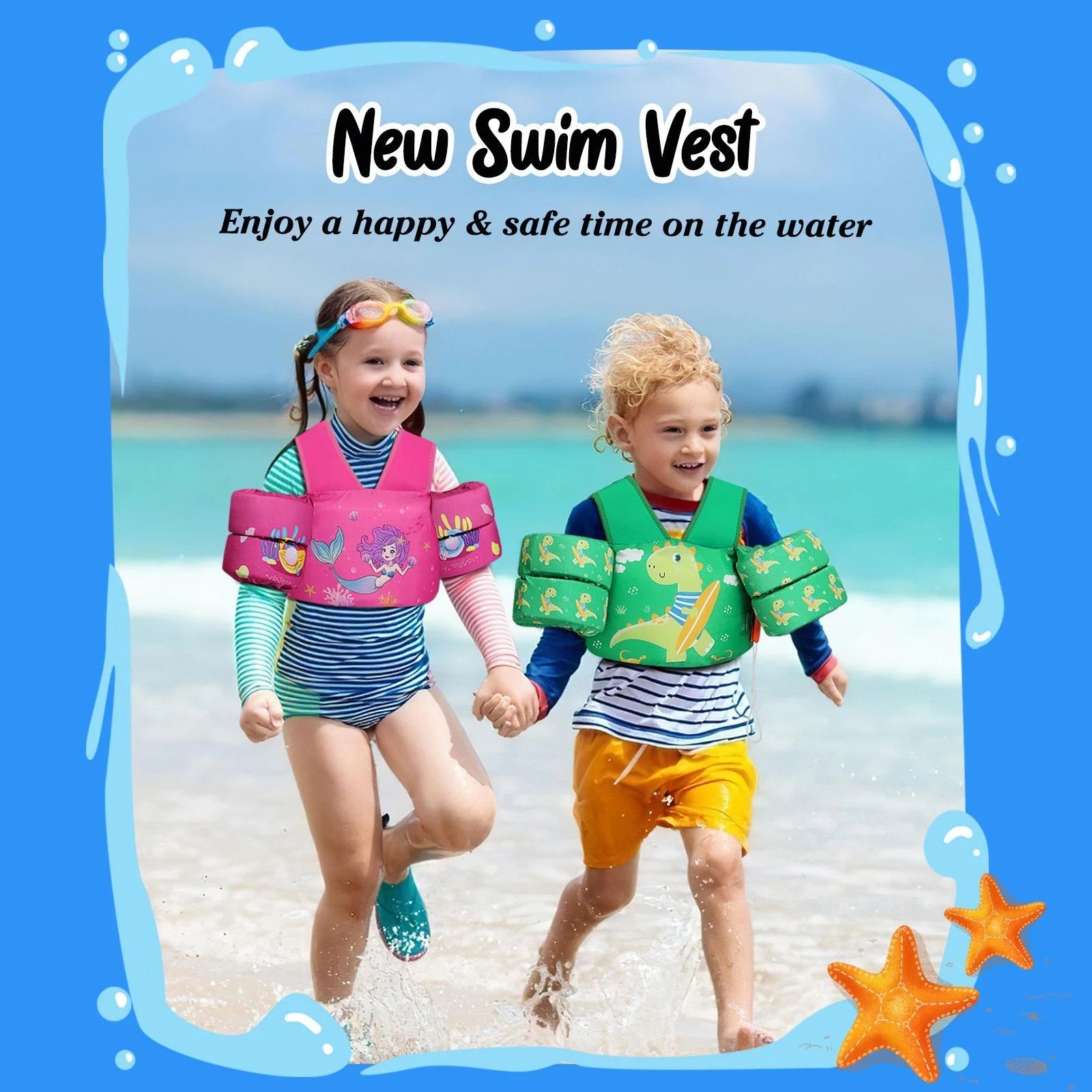 Kids Swim Vest for 25-60 Lbs with Whistle, Swimming Trainer Floaties Vests with Double Security Buckle for 3 4 5 6 7 8 Years Old Children, Green Dinosaur