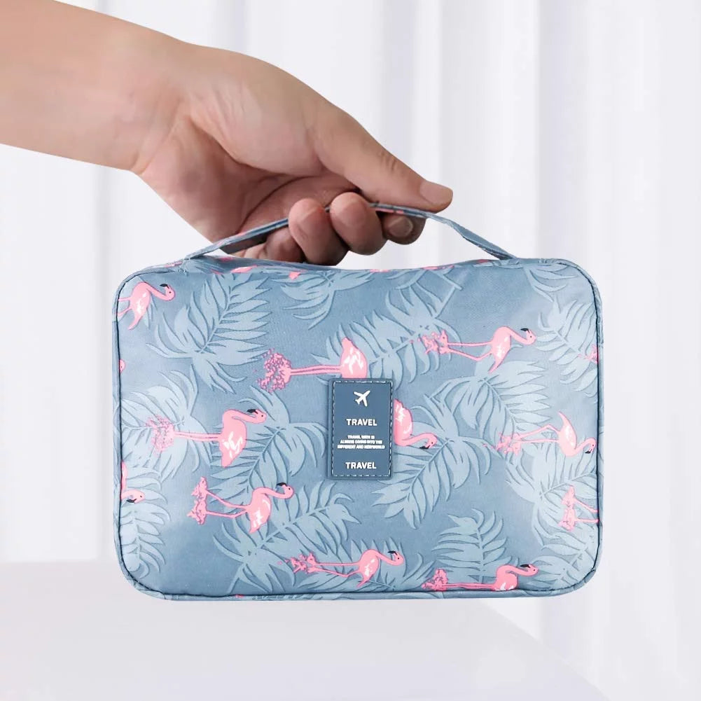 Hanging Travel Toiletry Bag, Flamingo Makeup Cosmetic Organizer Bag for Woman and Girls Bathroom and Shower Organizer Bag Waterproof, Light Blue