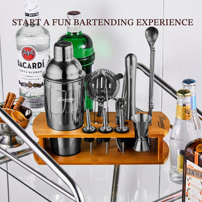 Kitessensu Mixology 15 Piece Bar Set with Stand, Stainless Steel Cocktail Shaker Kit with Measuring Scale - Utensils for Home Bartenders, Gift for Him/Her