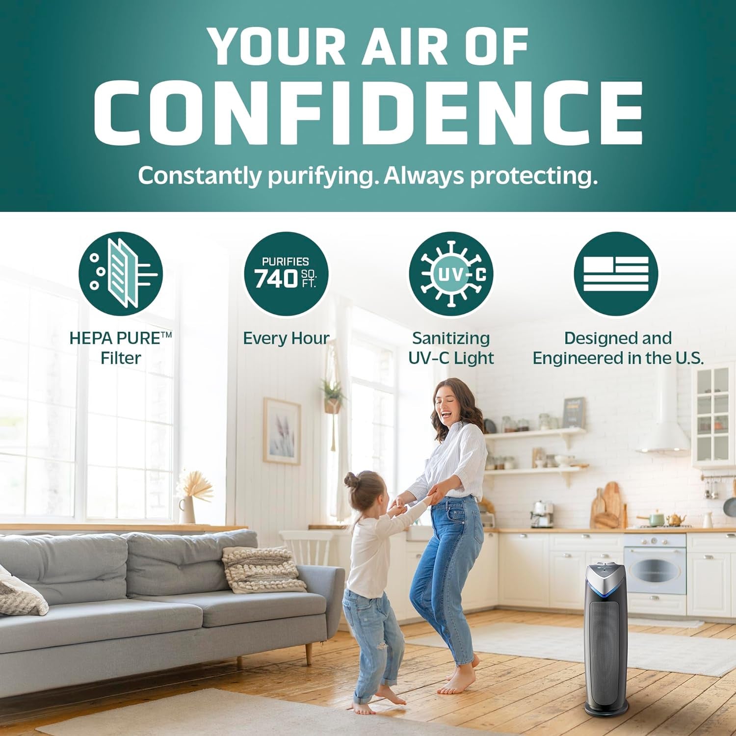 Germguardian Air Purifier with HEPA 13 Filter, Removes 99.97% of Pollutants, Covers Large Room up to 743 Sq. Foot Room in 1 Hr, UV-C Light Helps Reduce Germs, Zero Ozone Verified, 22", Gray, AC4825E