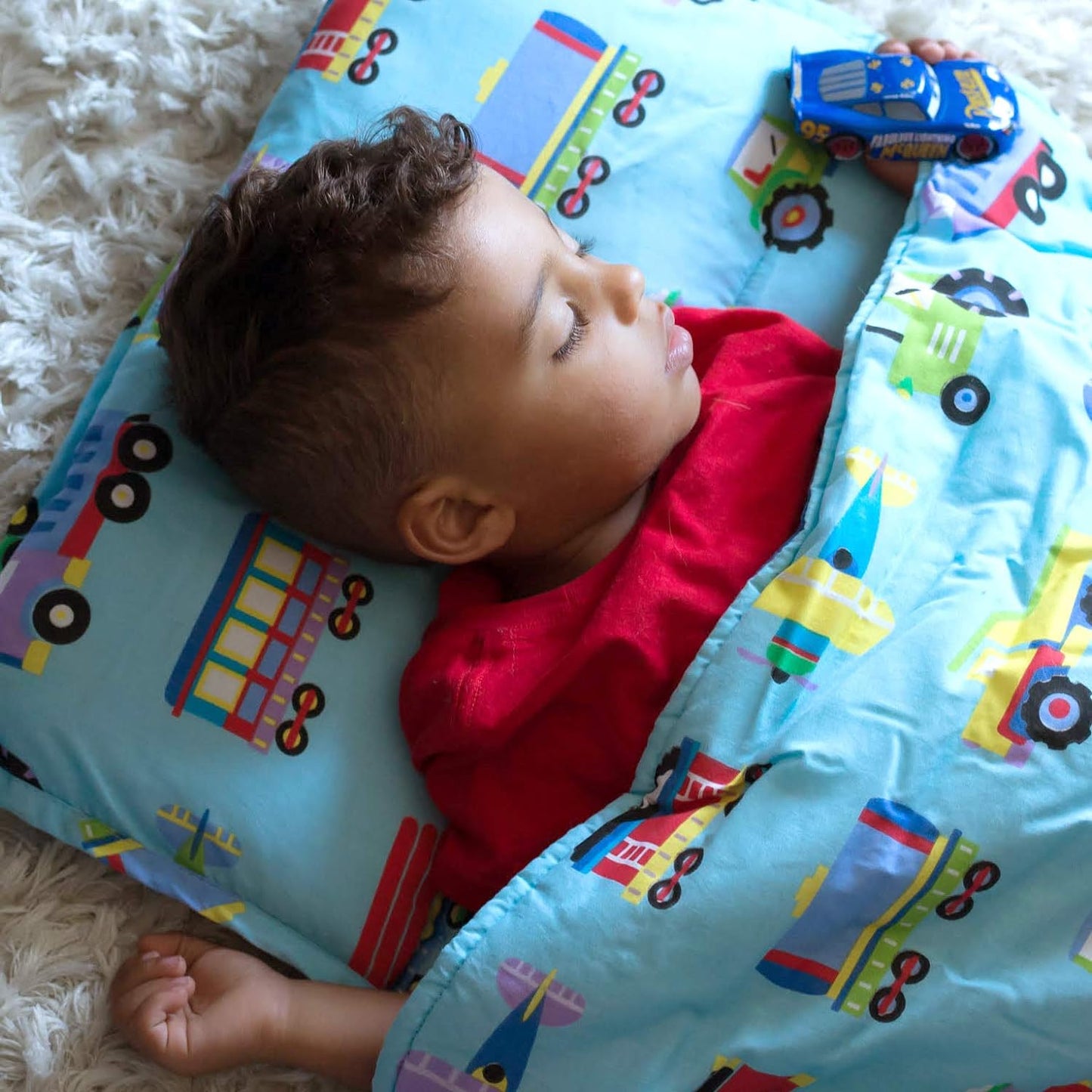 Original Nap Mat with Reusable Pillow for Boys & Girls, Perfect for Elementary Daycare Sleepovers, Features Hook & Loop Fastener, Cotton Blend Materials Nap Mat (Trains, Planes, and Trucks)