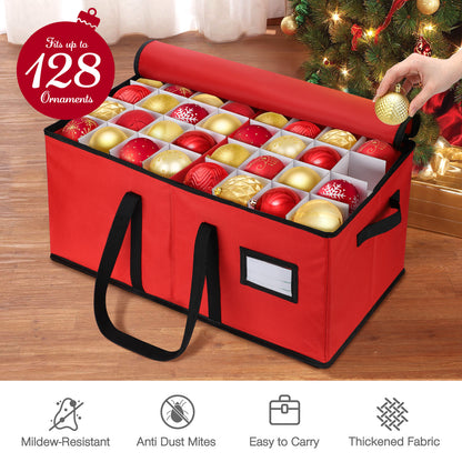 128-Count Premium Red Christmas Ornament Storage Chest, Holiday Ornament Organizer Box, Red