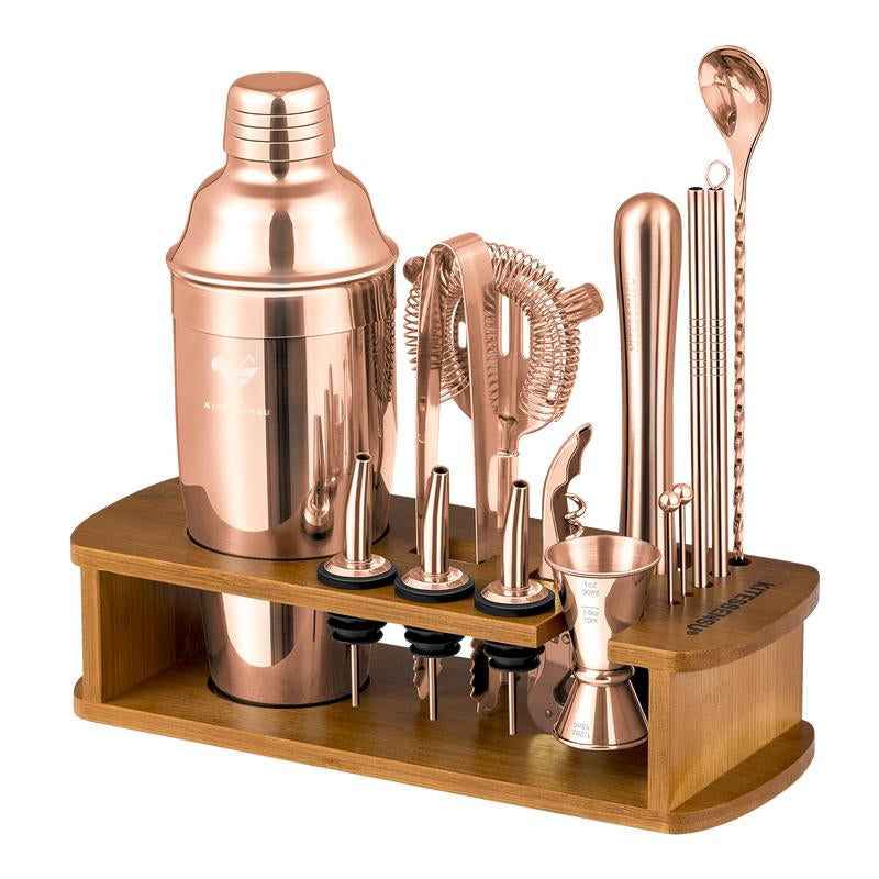 Kitessensu Mixology 15 Piece Bar Set with Stand, Stainless Steel Cocktail Shaker Kit with Measuring Scale - Utensils for Home Bartenders, Gift for Him/Her