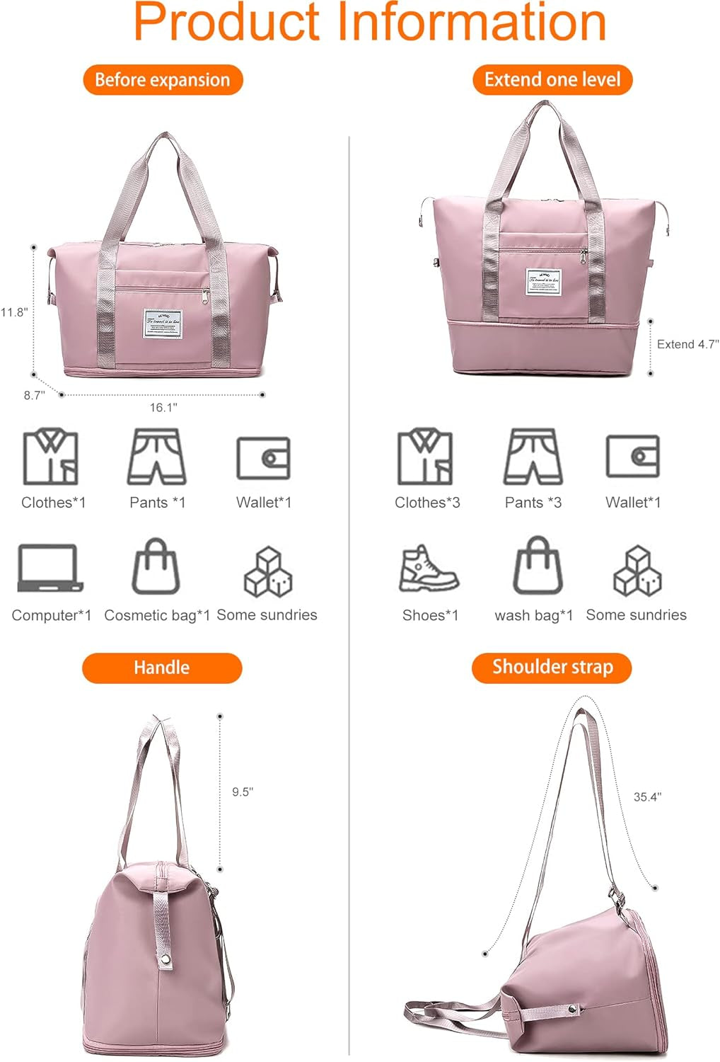 Lightweight Expandable Double Shoulder Strap&Capacity Travel Duffel Bag, Sports Tote Gym Bag, Shoulder Weekender Overnight Bag with Wet Pocket for Women (Pink)