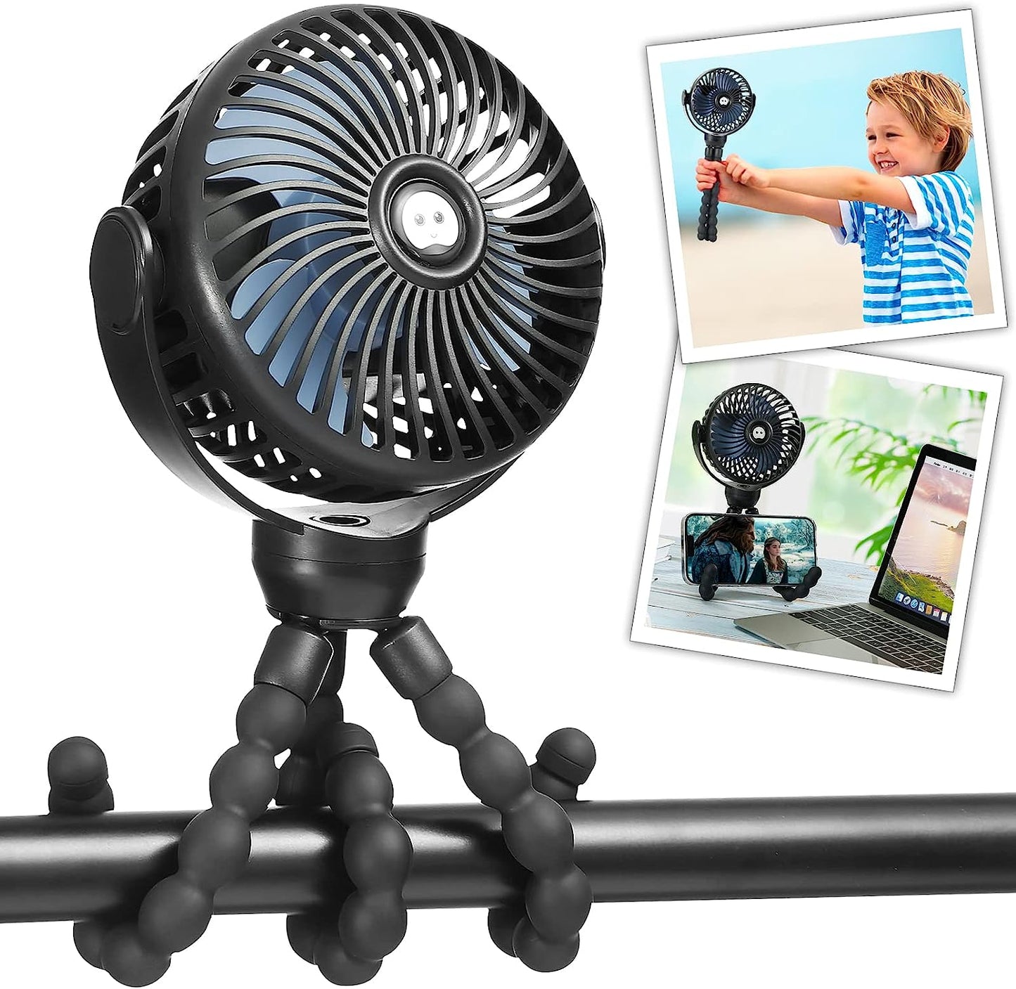 Mini Handheld Personal Portable Fan, Baby Stroller Fan, Car Seat Fan, USB or Battery Powered, with Flexible Tripod Clip on Student Bed Desk Bike Crib Treadmill Camping Traveling(Black)