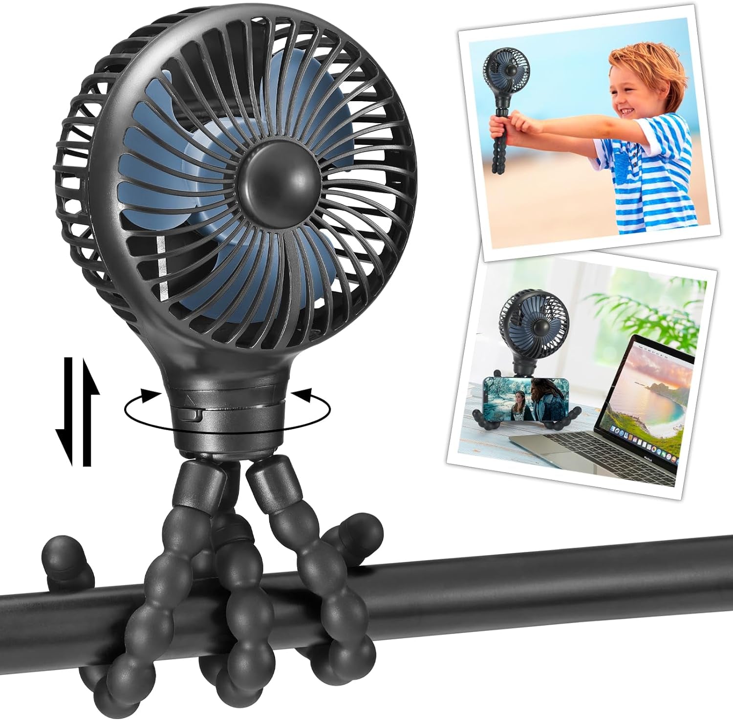 Mini Handheld Personal Portable Fan, Baby Stroller Fan, Car Seat Fan, USB or Battery Powered, with Flexible Tripod Clip on Student Bed Desk Bike Crib Treadmill Camping Traveling(Black)