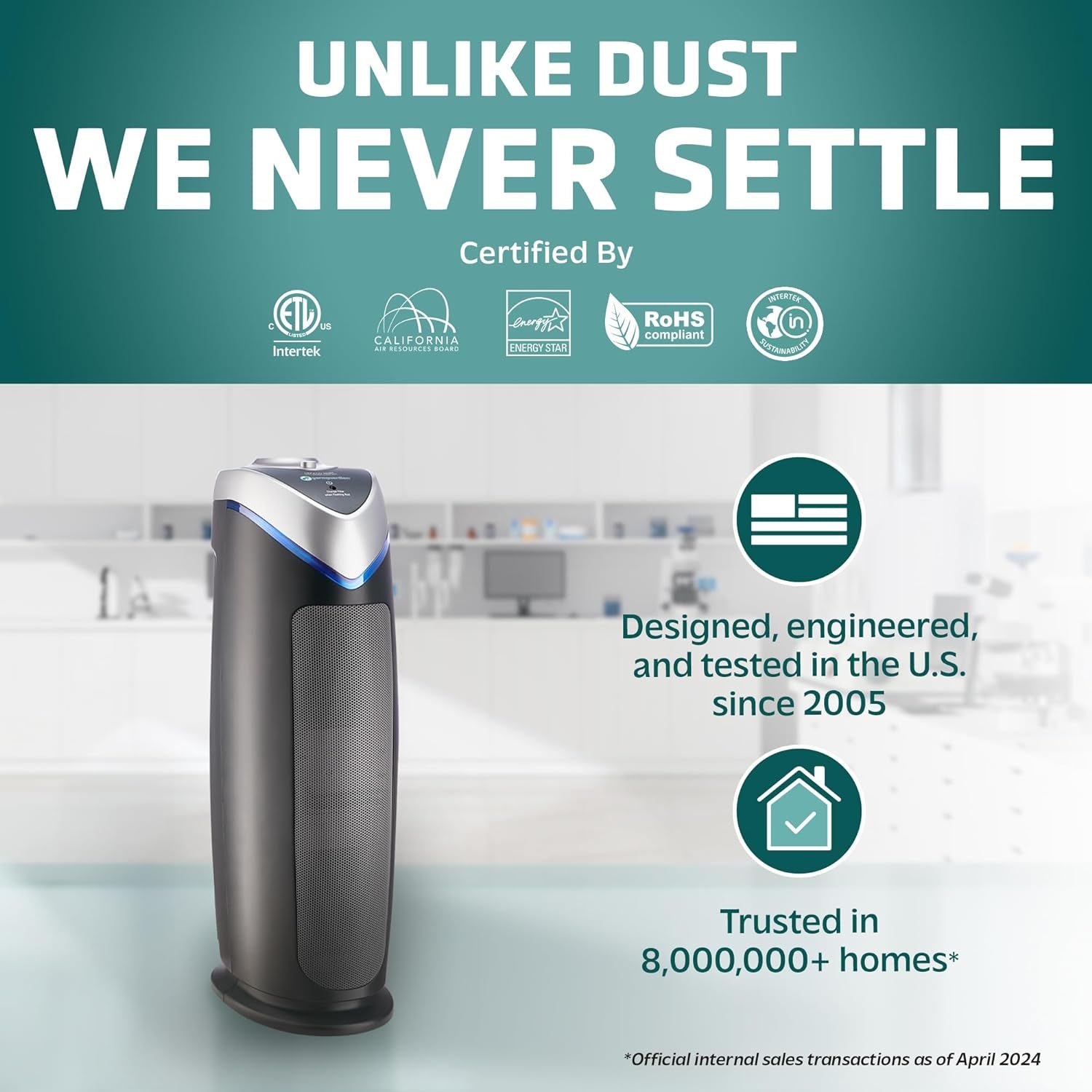 Germguardian Air Purifier with HEPA 13 Filter, Removes 99.97% of Pollutants, Covers Large Room up to 743 Sq. Foot Room in 1 Hr, UV-C Light Helps Reduce Germs, Zero Ozone Verified, 22", Gray, AC4825E