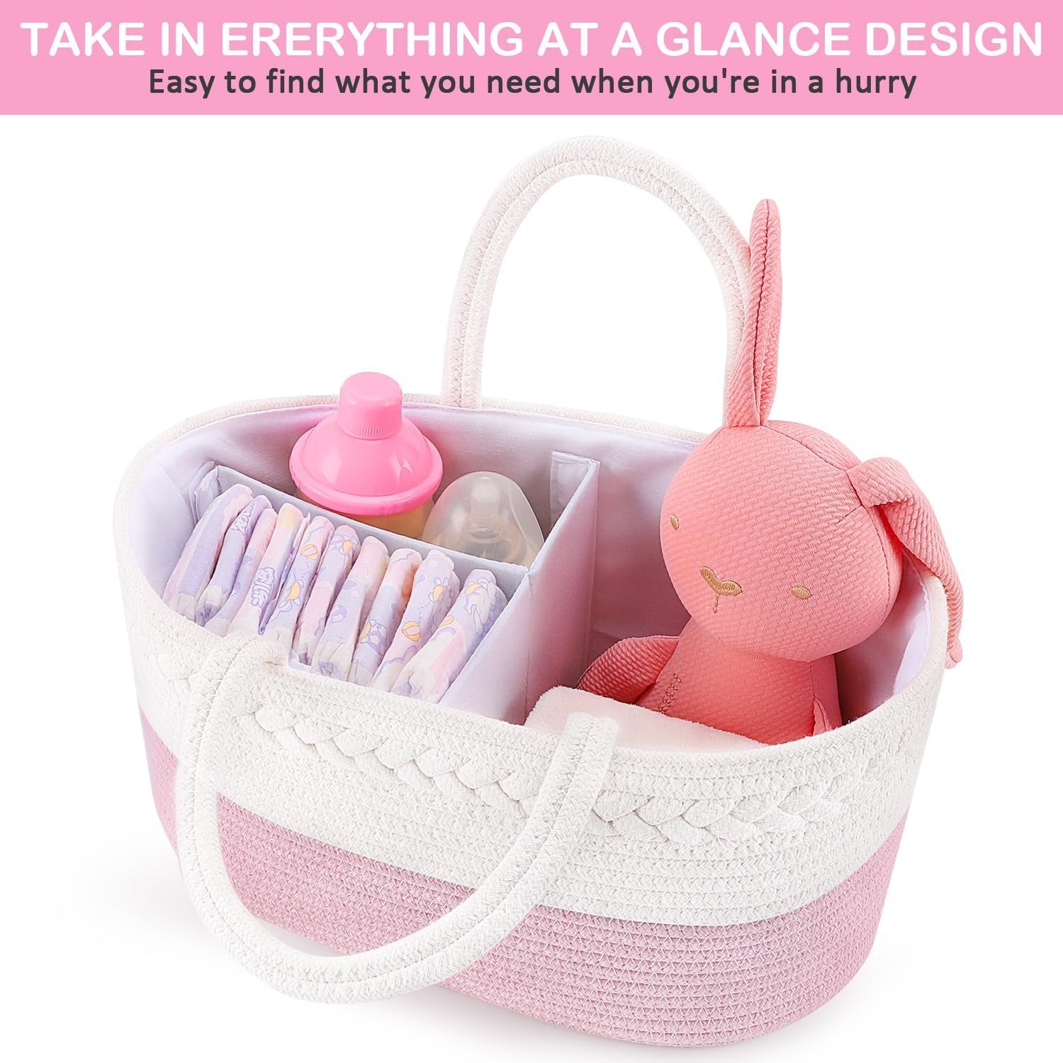 Baby Diaper Caddy, Nursery Storage Bin and Car Organizer for Diapers Wipes, Cotton Rope Basket Changing Table Caddy