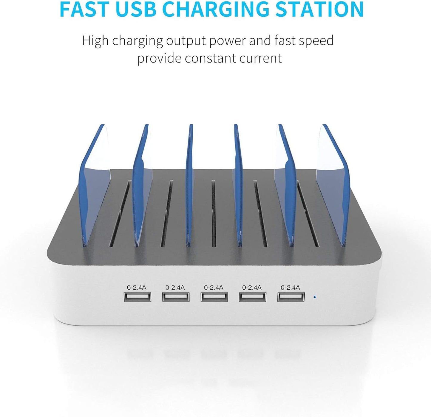 Charging Station for Multiple Devices,  5 Port Multi USB-A Charger Station with Power Switch Designed for Iphone Ipad Cell Phone Tablets (White, 6 Mixed Short Cables Included)