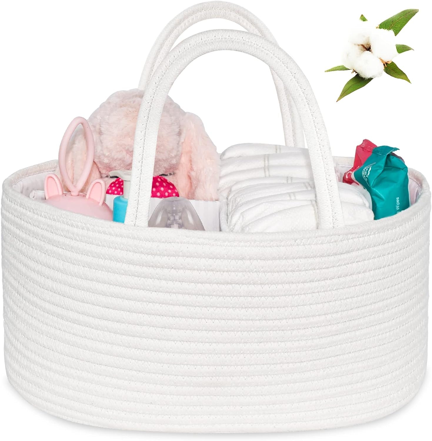 Baby Diaper Caddy, Nursery Storage Bin and Car Organizer for Diapers Wipes, Cotton Rope Basket Changing Table Caddy