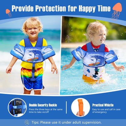 Toddler Swim Vest for Kid 30-70 Lbs, Pool Arm Floats Vest with Crotch Strap and Whistle, Blue Surf Shark