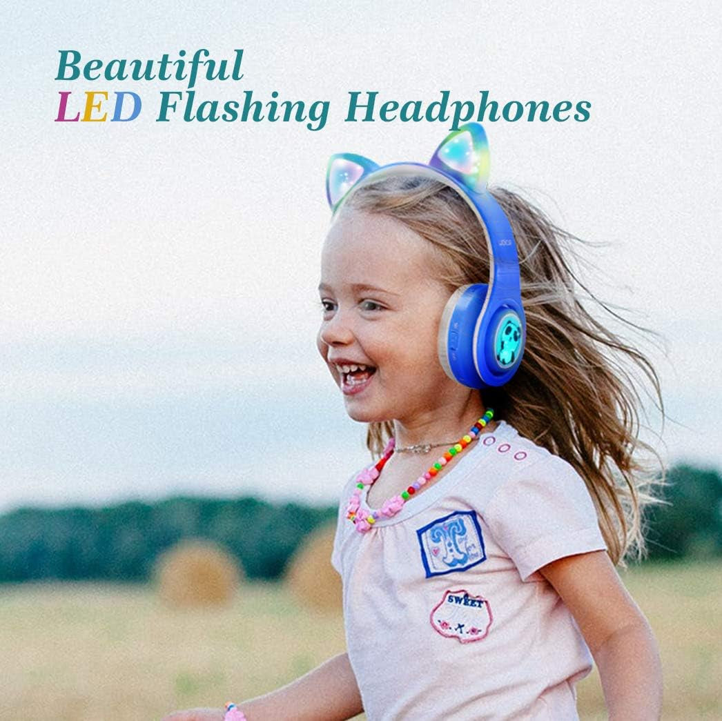Wireless Bluetooth Kids Headphones, LED Flashing Lights, Music Sharing Function, 85Db Volume Limited, Over-Ear and Build-In Mic Wireless/Wired Children Headphones for Boys Girls (Blue)