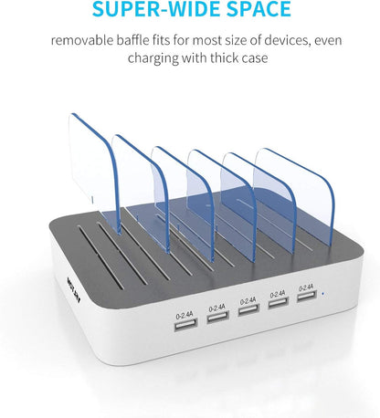 Charging Station for Multiple Devices,  5 Port Multi USB-A Charger Station with Power Switch Designed for Iphone Ipad Cell Phone Tablets (White, 6 Mixed Short Cables Included)