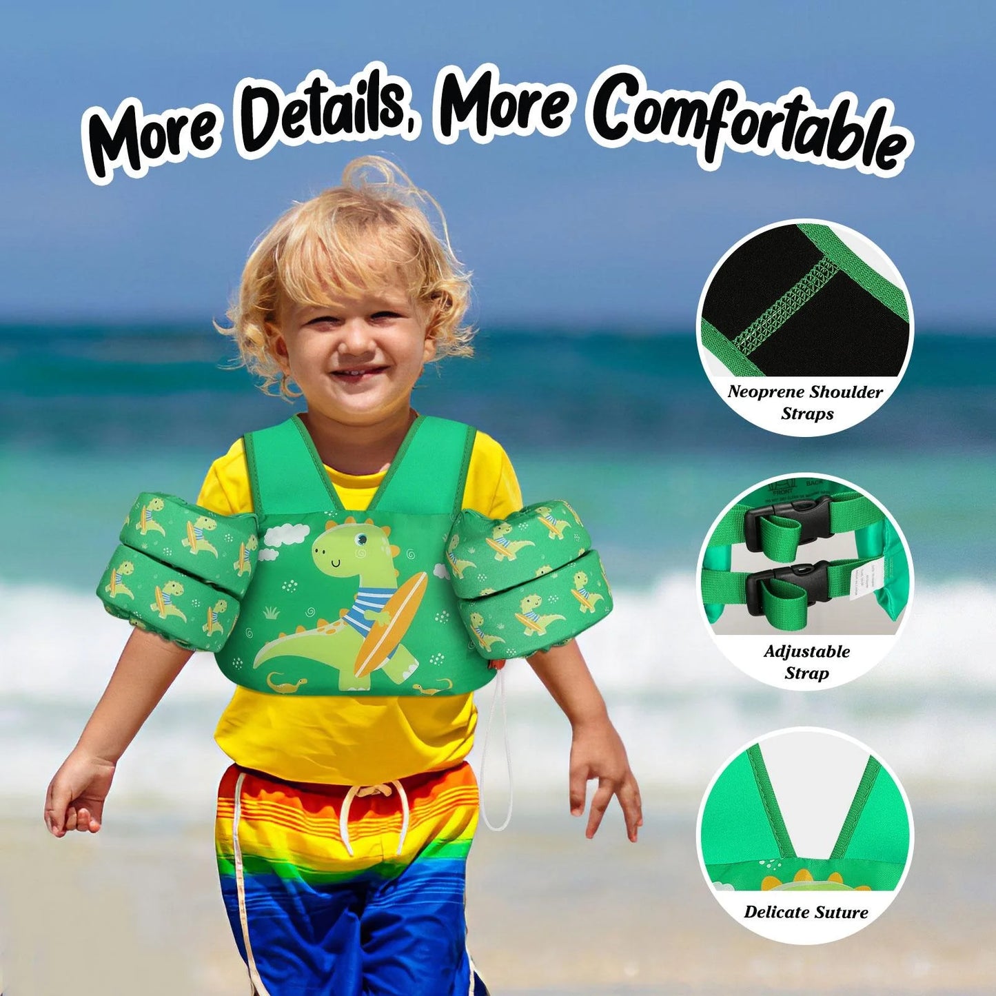 Kids Swim Vest for 25-60 Lbs with Whistle, Swimming Trainer Floaties Vests with Double Security Buckle for 3 4 5 6 7 8 Years Old Children, Green Dinosaur