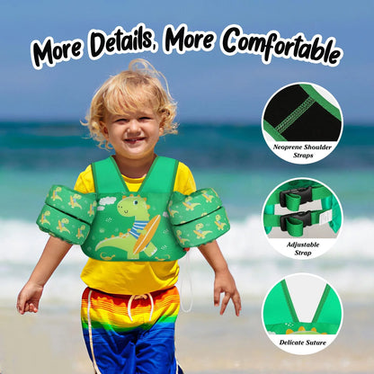 Kids Swim Vest for 25-60 Lbs with Whistle, Swimming Trainer Floaties Vests with Double Security Buckle for 3 4 5 6 7 8 Years Old Children, Green Dinosaur