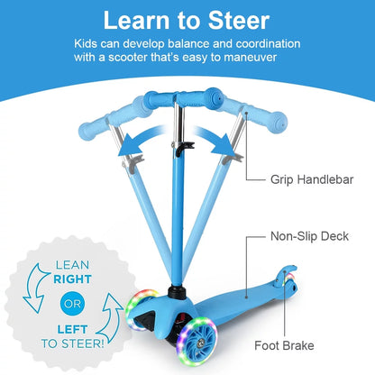 Kids Scooter Kick Scooter 3 Wheel Adjustable Height Light up LED Wheels for Kids Boys Girls Ages 3-12 Blue