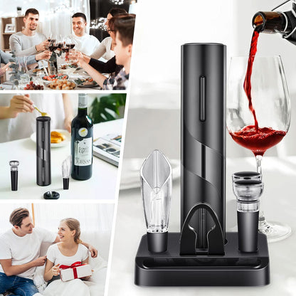 Electric Wine Opener,Electric Wine Bottle Opener Kit Cordless Corkscrew Opener Includes Automatic Wine Opener, Foil Cutter, Vacuum Stoppers, Wine Aerator Pourer,5-In-1 Wine Opener Gift Set