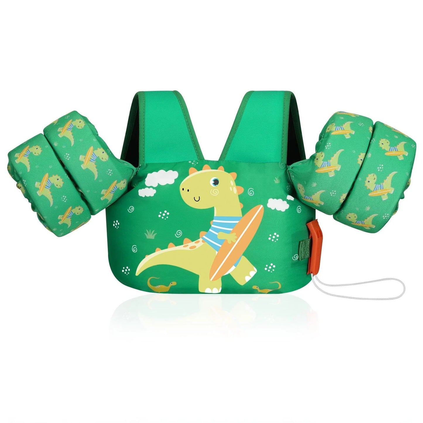 Kids Swim Vest for 25-60 Lbs with Whistle, Swimming Trainer Floaties Vests with Double Security Buckle for 3 4 5 6 7 8 Years Old Children, Green Dinosaur