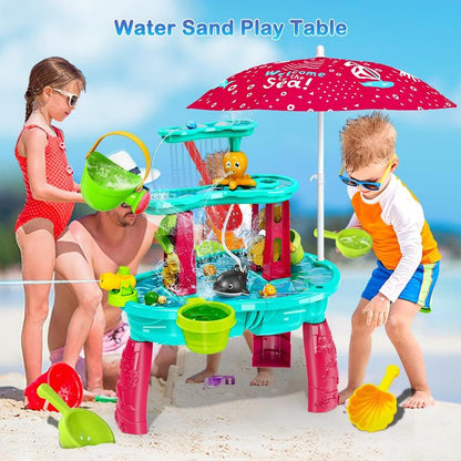 Sand Water Table Toys 3-Tier Splash Play for Toddler Kids with Pump, Umbrella - Outdoor Backyard Fun for Boys Girls, Sensory Table