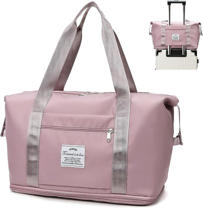 Lightweight Expandable Double Shoulder Strap&Capacity Travel Duffel Bag, Sports Tote Gym Bag, Shoulder Weekender Overnight Bag with Wet Pocket for Women (Pink)