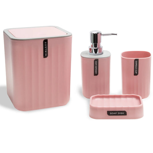 Bathroom 4-Piece Accessories Set, Bathroom Decor Set,Soap Dish,Soap Dispenser,Toothbrush Cup,Mini Desktop Trash Can with Lid, Pink