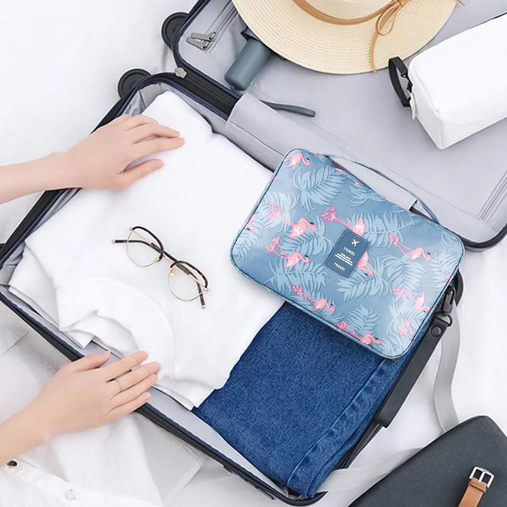 Hanging Travel Toiletry Bag, Flamingo Makeup Cosmetic Organizer Bag for Woman and Girls Bathroom and Shower Organizer Bag Waterproof, Light Blue