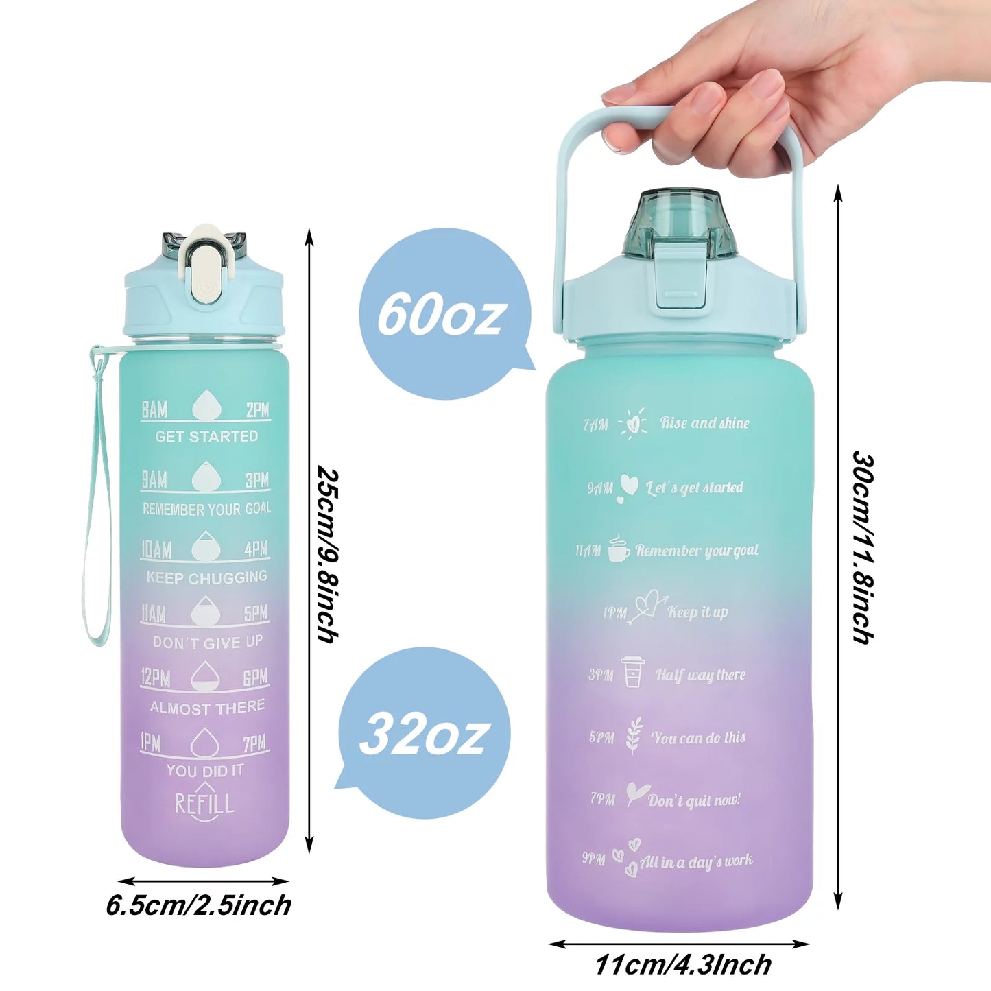 2 Pack Motivational Water Bottle, 27 Oz and 64 Oz Half Gallon Large Water Jug with Straw and Time Marker, Leakproof and BPA Free, Sports Gym Travel Water Bottle for Women Men and Kids Family(Green)