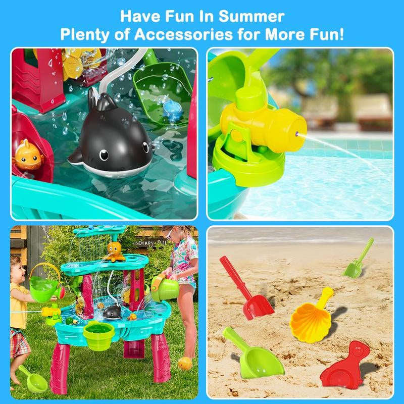 Sand Water Table Toys 3-Tier Splash Play for Toddler Kids with Pump, Umbrella - Outdoor Backyard Fun for Boys Girls, Sensory Table