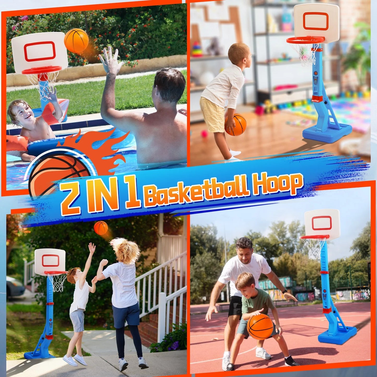 2 in 1 Kids Basketball Hoop, Toddler Basketball Hoop Indoor Mini Adjustable Poolside Basketball Goals with Ball Pump for Boys Girls Outdoor Toys