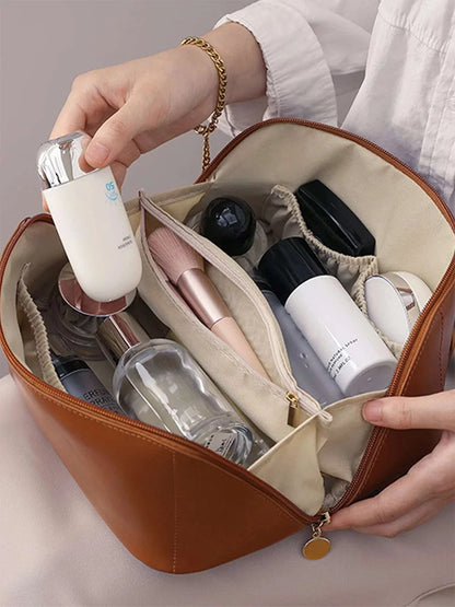 Cosmetic Bag Plain Multi Layer Makeup Bag Zipper Organizer Toiletry Bag Waterproof Travel Bags for Women and Girls Brown