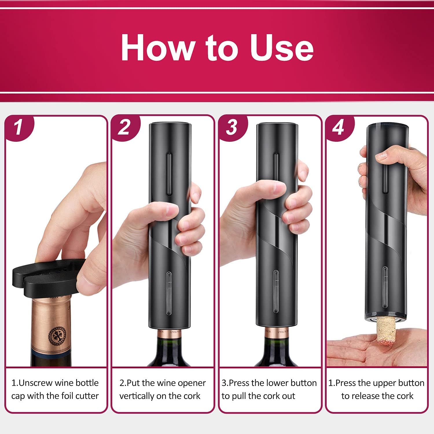 Electric Wine Opener,Electric Wine Bottle Opener Kit Cordless Corkscrew Opener Includes Automatic Wine Opener, Foil Cutter, Vacuum Stoppers, Wine Aerator Pourer,5-In-1 Wine Opener Gift Set
