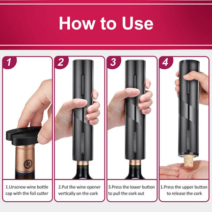 Electric Wine Opener,Electric Wine Bottle Opener Kit Cordless Corkscrew Opener Includes Automatic Wine Opener, Foil Cutter, Vacuum Stoppers, Wine Aerator Pourer,5-In-1 Wine Opener Gift Set