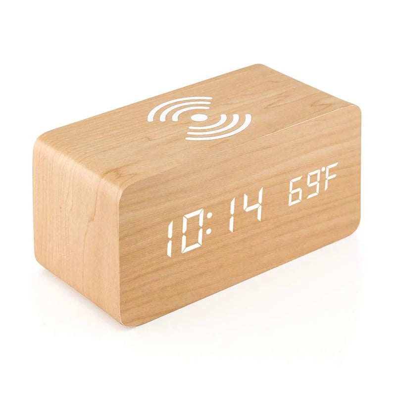 Wooden Digital Alarm Clock with Wireless Charging, LED Clock with Time, Date,Temperature, Desk Clocks for Office,Bedside Clock