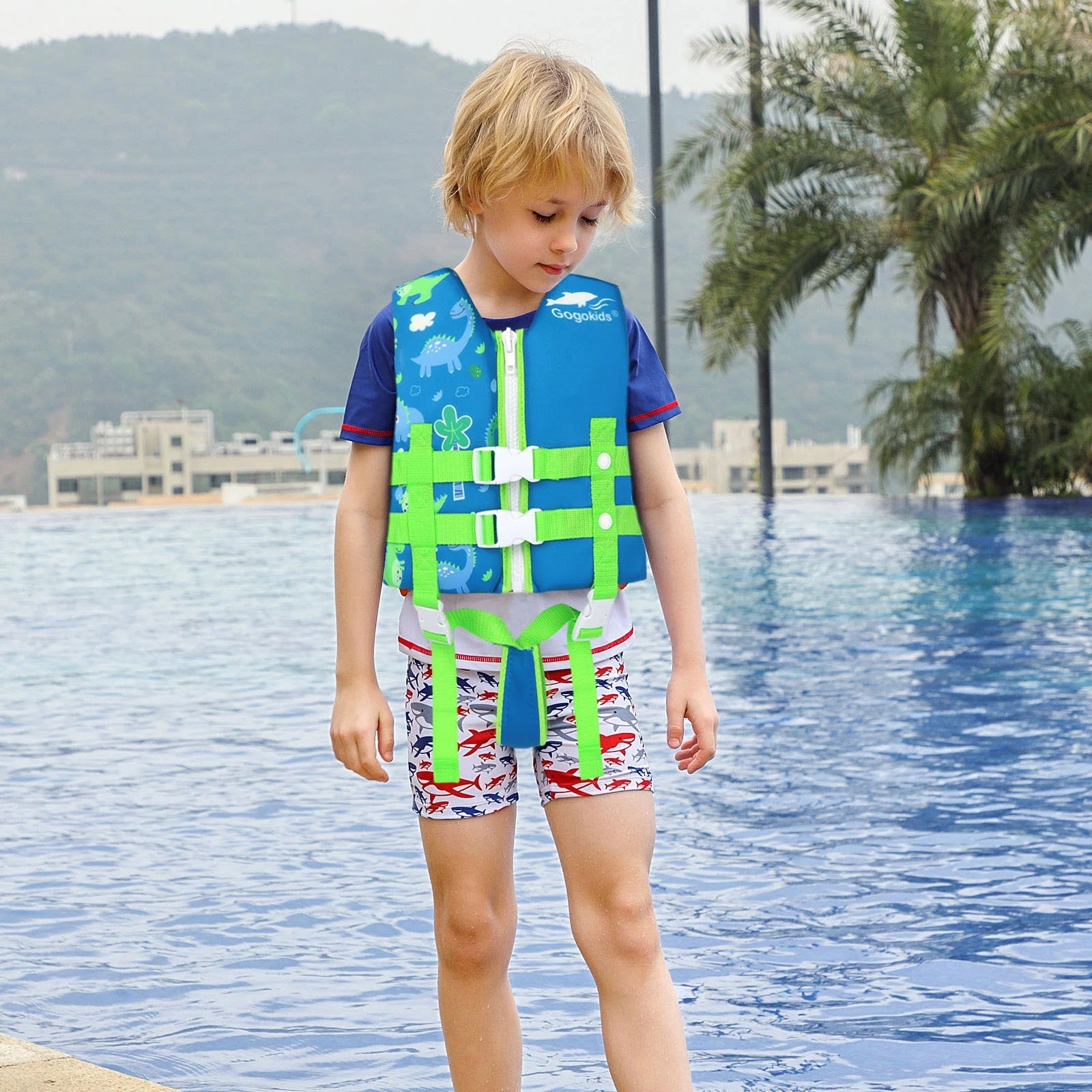 Kids Swim Vest Life Jacket Flotation Swimming Aid with Adjustable Safety Strap Age 1-9 Years/22-50Lbs, Blue Dinosaur