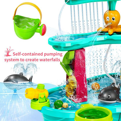 Sand Water Table Toys 3-Tier Splash Play for Toddler Kids with Pump, Umbrella - Outdoor Backyard Fun for Boys Girls, Sensory Table