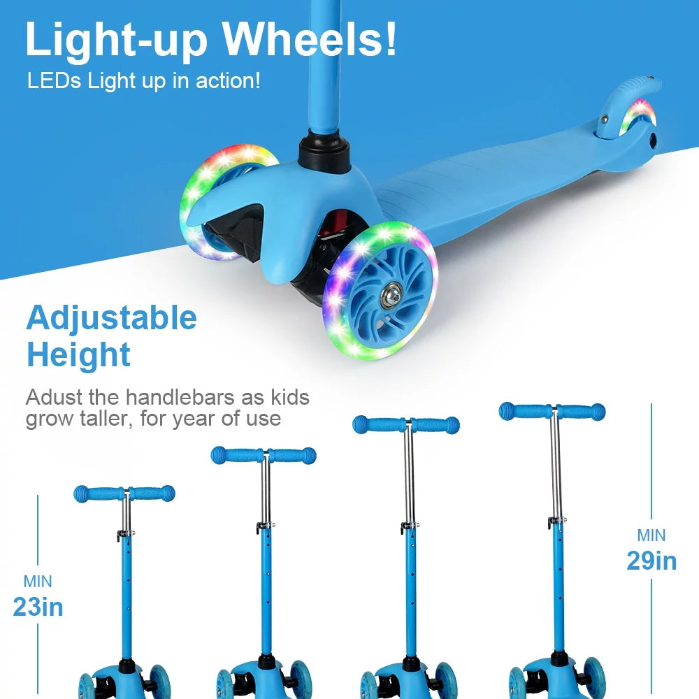 Kids Scooter Kick Scooter 3 Wheel Adjustable Height Light up LED Wheels for Kids Boys Girls Ages 3-12 Blue