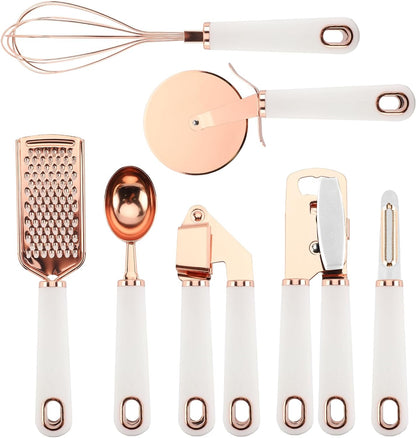 Kitchen Gadget Set Stainless Steel Utensils with Soft Touch Handles, White, 7 Pc. Copper