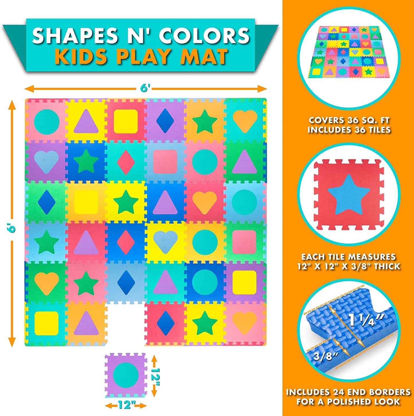  Kids Foam Puzzle Floor Play Mat with Shapes & Colors 36 Tiles, 12"X12" and 24 Borders