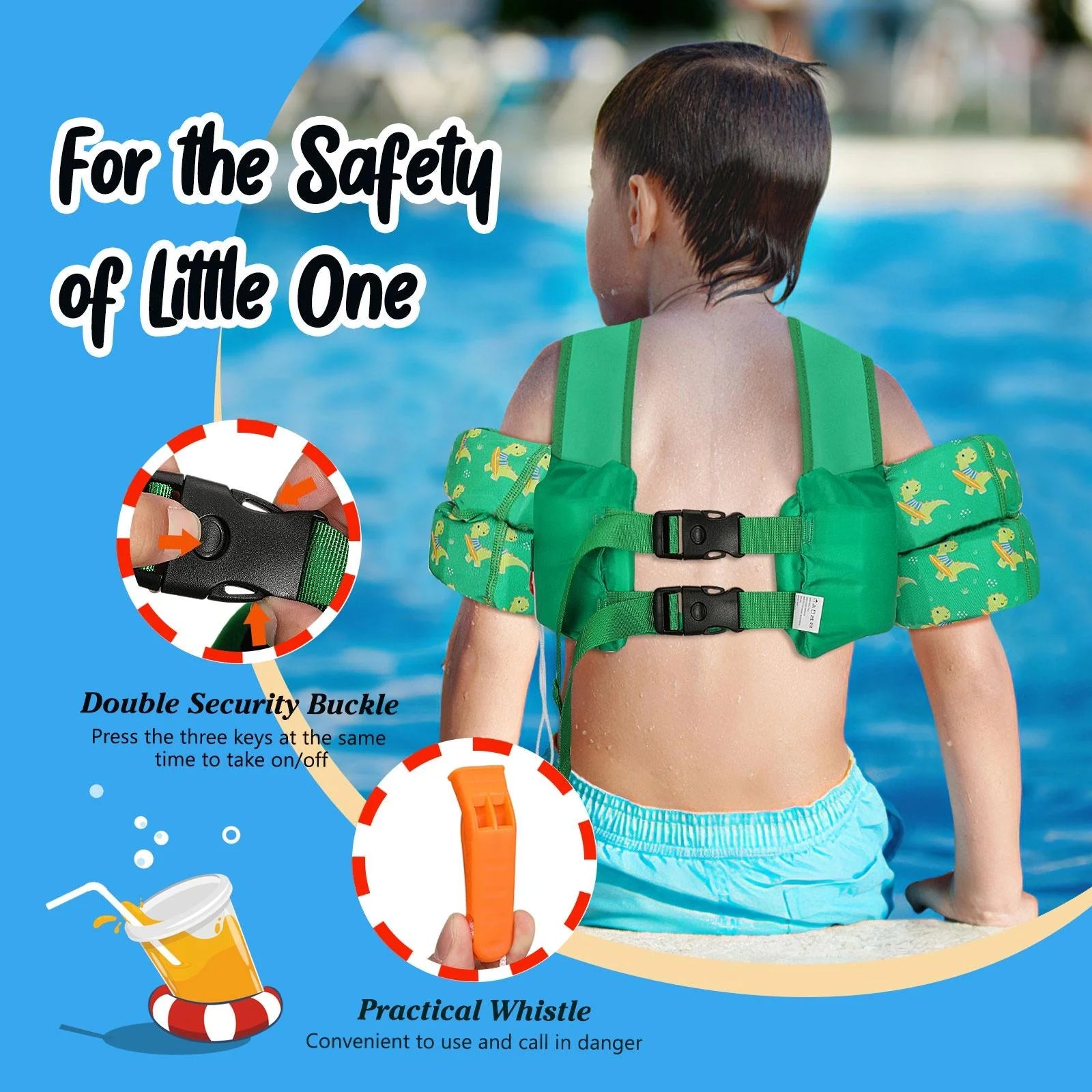 Kids Swim Vest for 25-60 Lbs with Whistle, Swimming Trainer Floaties Vests with Double Security Buckle for 3 4 5 6 7 8 Years Old Children, Green Dinosaur