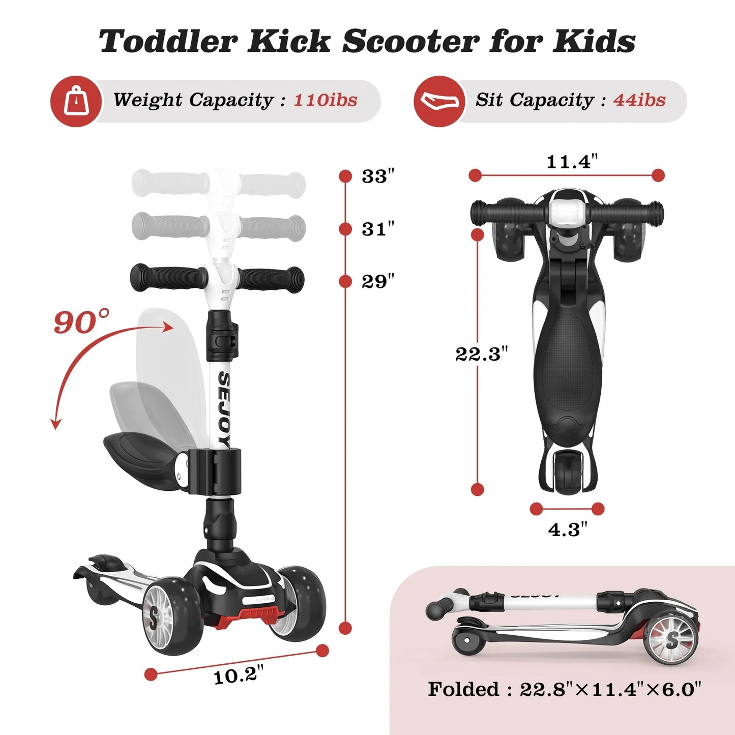 Toddler Kick Scooter for Kids with 3 Wheel LED Lights, Extra-Wide Childrens Foldable Toy Scooter with Adjustable Handlebars & Folding Comfort Seat for Boys/ Girls, Black