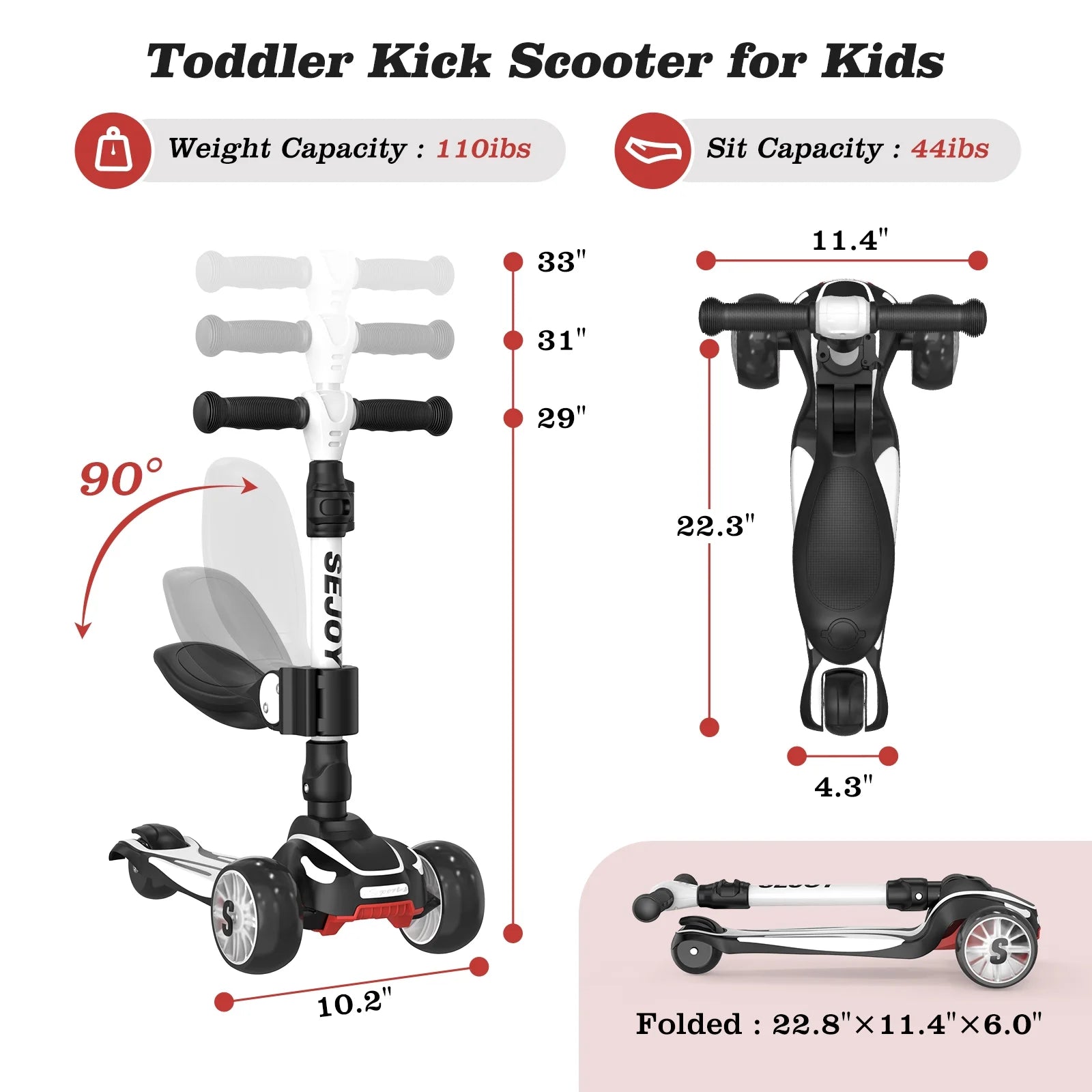 Toddler Kick Scooter for Kids with 3 Wheel LED Lights, Extra-Wide Childrens Foldable Toy Scooter with Adjustable Handlebars & Folding Comfort Seat for Boys/ Girls, Black