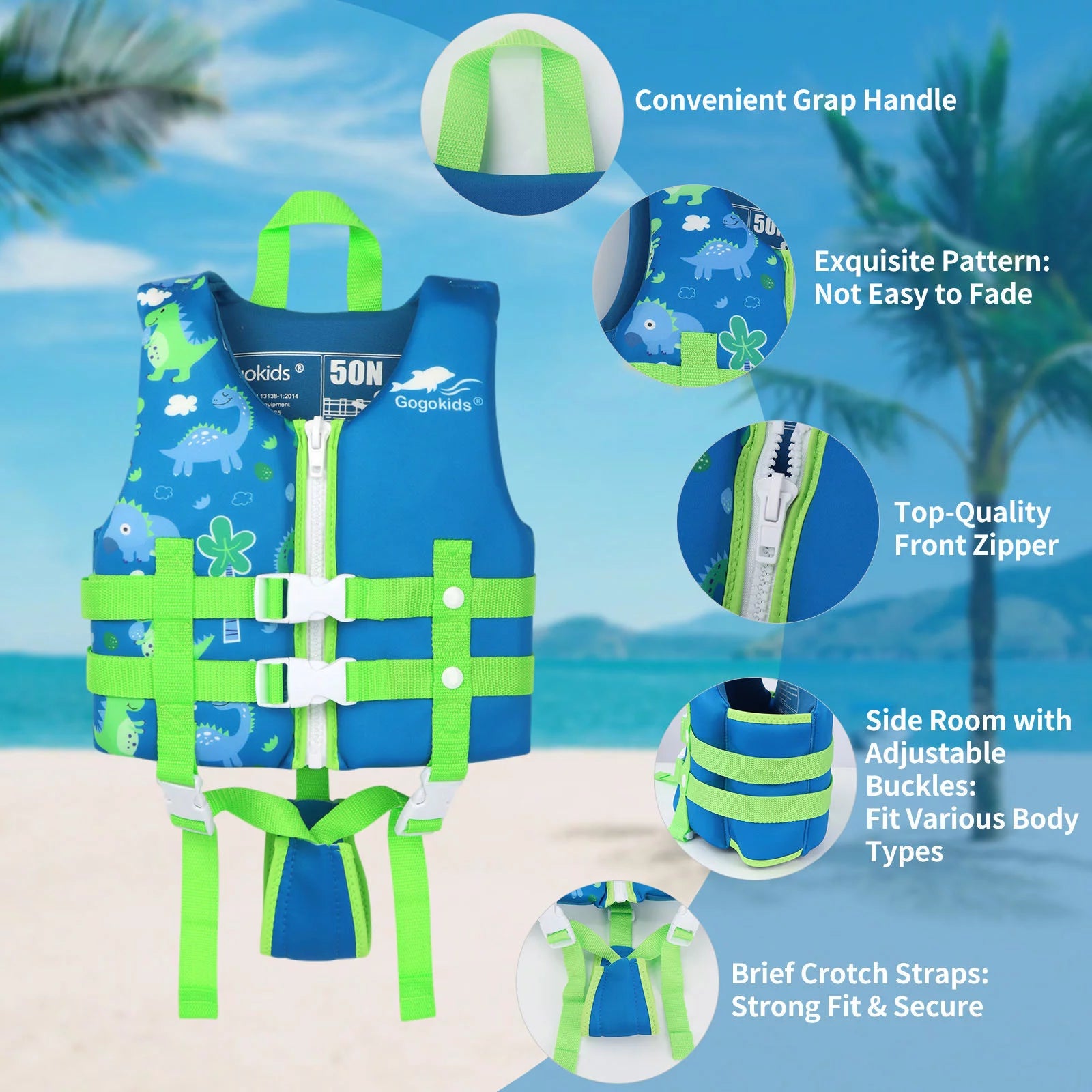 Kids Swim Vest Life Jacket Flotation Swimming Aid with Adjustable Safety Strap Age 1-9 Years/22-50Lbs, Blue Dinosaur