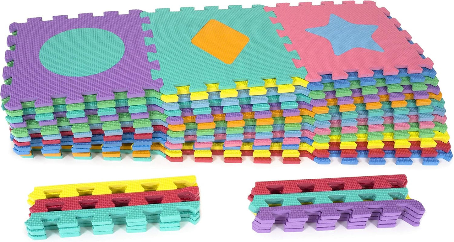  Kids Foam Puzzle Floor Play Mat with Shapes & Colors 36 Tiles, 12"X12" and 24 Borders