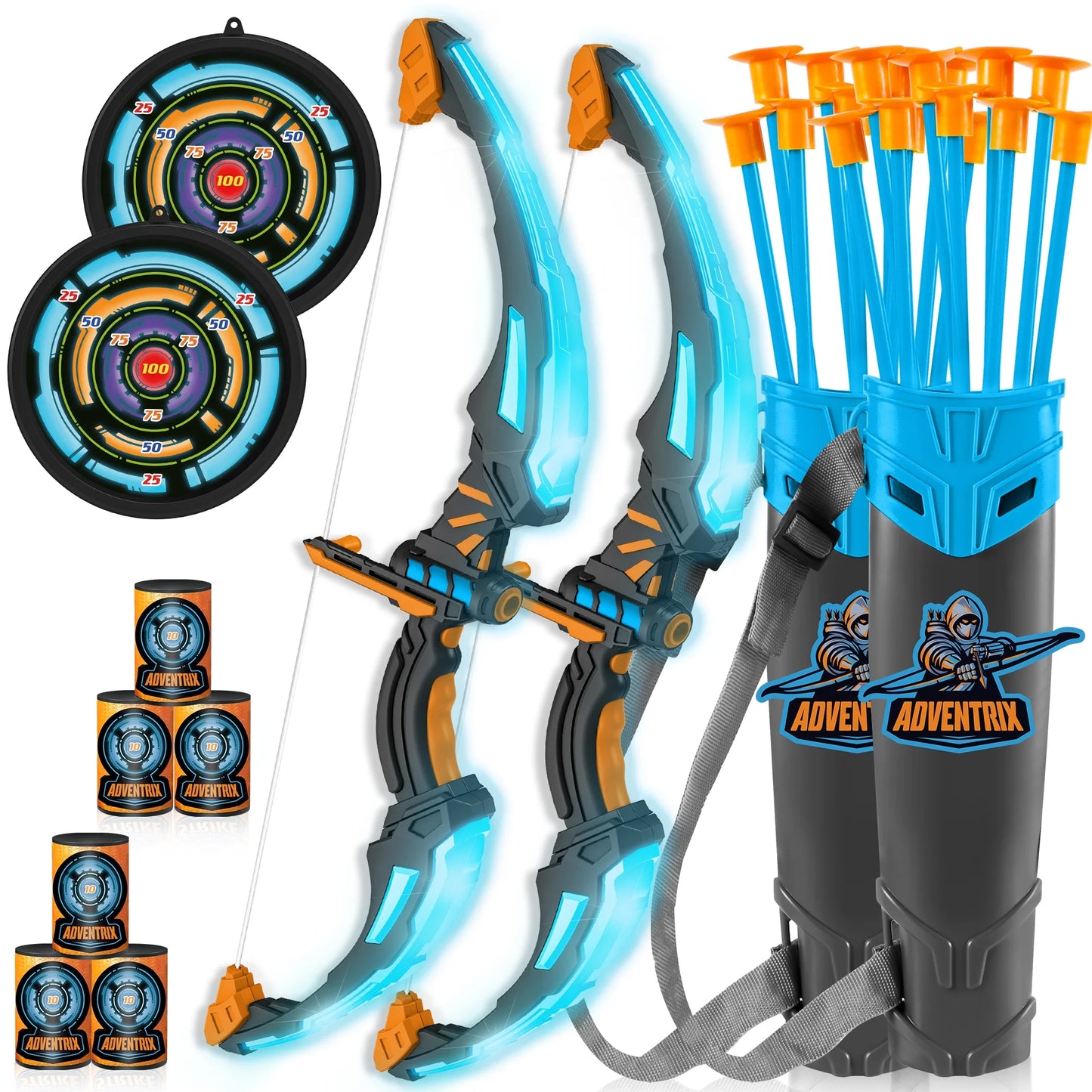 2 Pack Archery Set for Kids, Light up Bow and Arrow Set with 2 Luminous Bows, 18 Suction Cups Arrows, 6 Targets and 2 Quivers