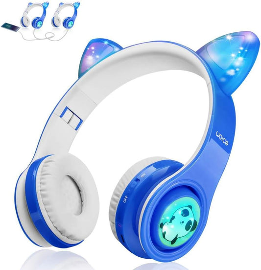 Wireless Bluetooth Kids Headphones, LED Flashing Lights, Music Sharing Function, 85Db Volume Limited, Over-Ear and Build-In Mic Wireless/Wired Children Headphones for Boys Girls (Blue)