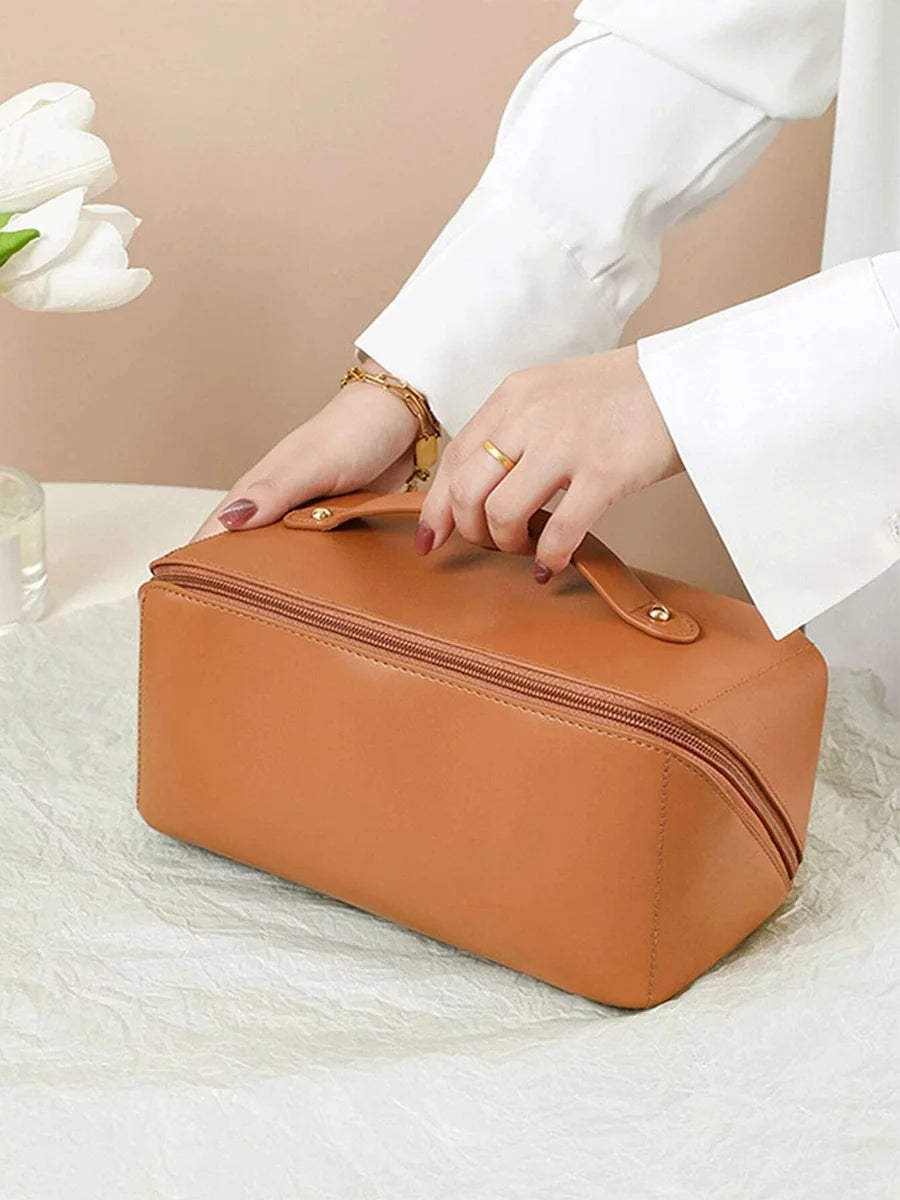 Cosmetic Bag Plain Multi Layer Makeup Bag Zipper Organizer Toiletry Bag Waterproof Travel Bags for Women and Girls Brown