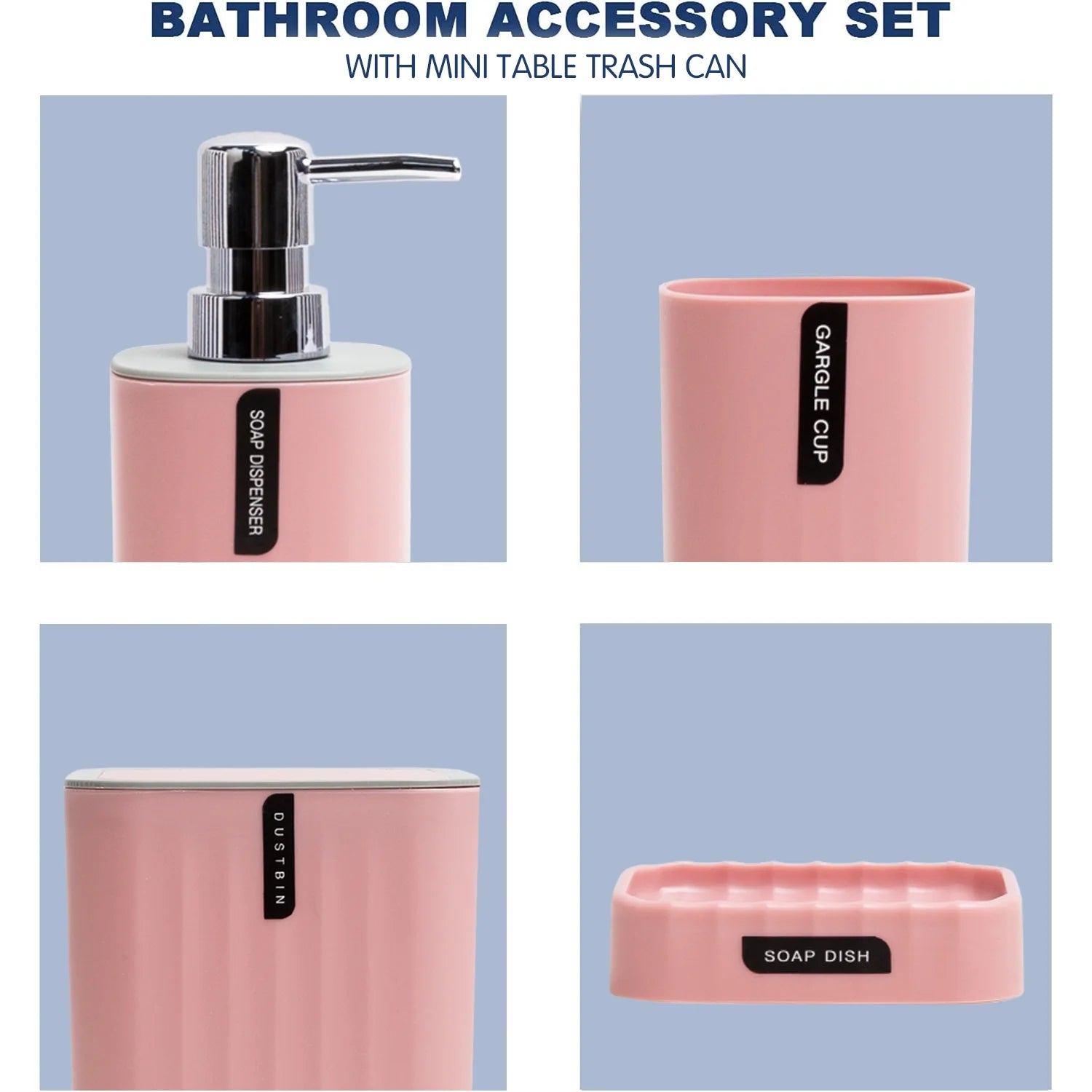 Bathroom 4-Piece Accessories Set, Bathroom Decor Set,Soap Dish,Soap Dispenser,Toothbrush Cup,Mini Desktop Trash Can with Lid, Pink