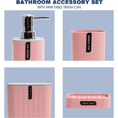 Bathroom 4-Piece Accessories Set, Bathroom Decor Set,Soap Dish,Soap Dispenser,Toothbrush Cup,Mini Desktop Trash Can with Lid, Pink