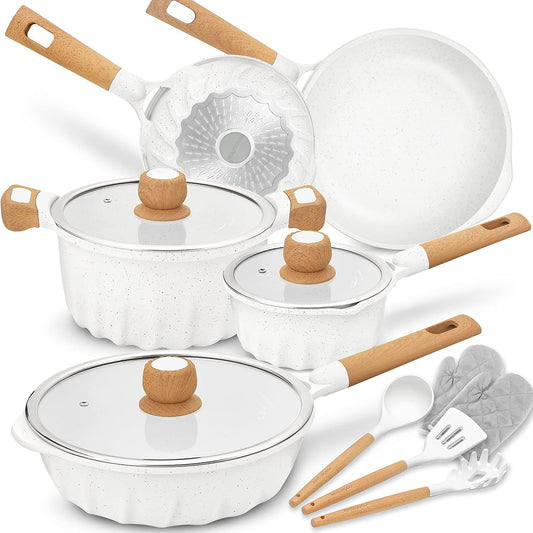 Professional Induction Cookware Set - Nonstick, 100% PFOA Free Pots and Pans with Cooking Utensil Pack - 13 Pieces - White