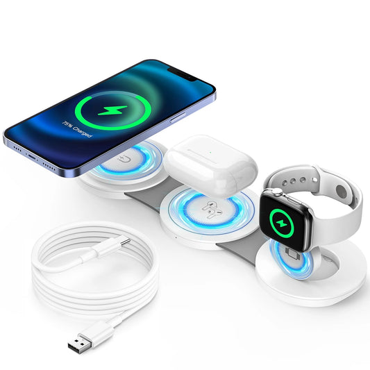 Professional Magnetic Wireless Charging Station for Apple Devices - 3-in-1 MagSafe Charger for iPhone 15/14/13/12 Pro Max, AirPods 3/2/Pro, and Apple Watch Series 9/8/7/6/SE/5/4